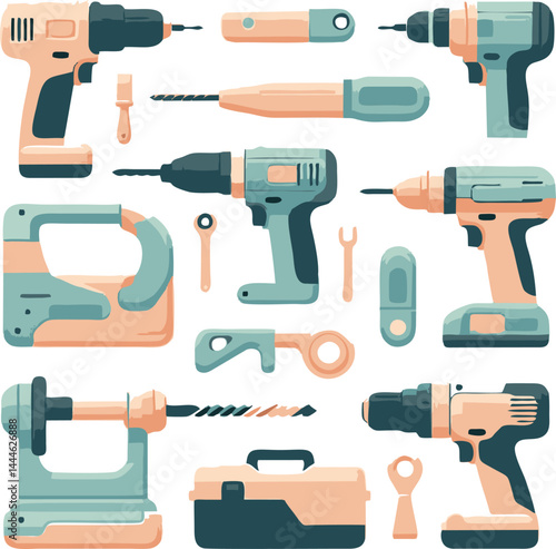 Collection of Power Tools and Accessories: Flat Design Icons