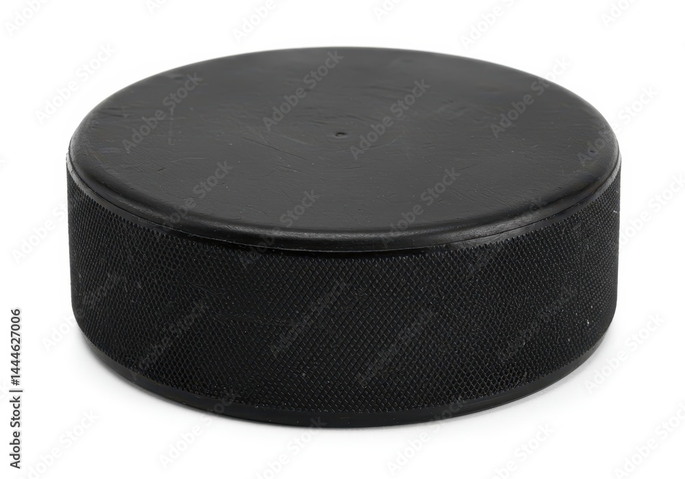 A close up shot of a single black hockey puck isolated on a white background in a studio setting A close up shot of a single black hockey puck isolated on a white background in a studio setting