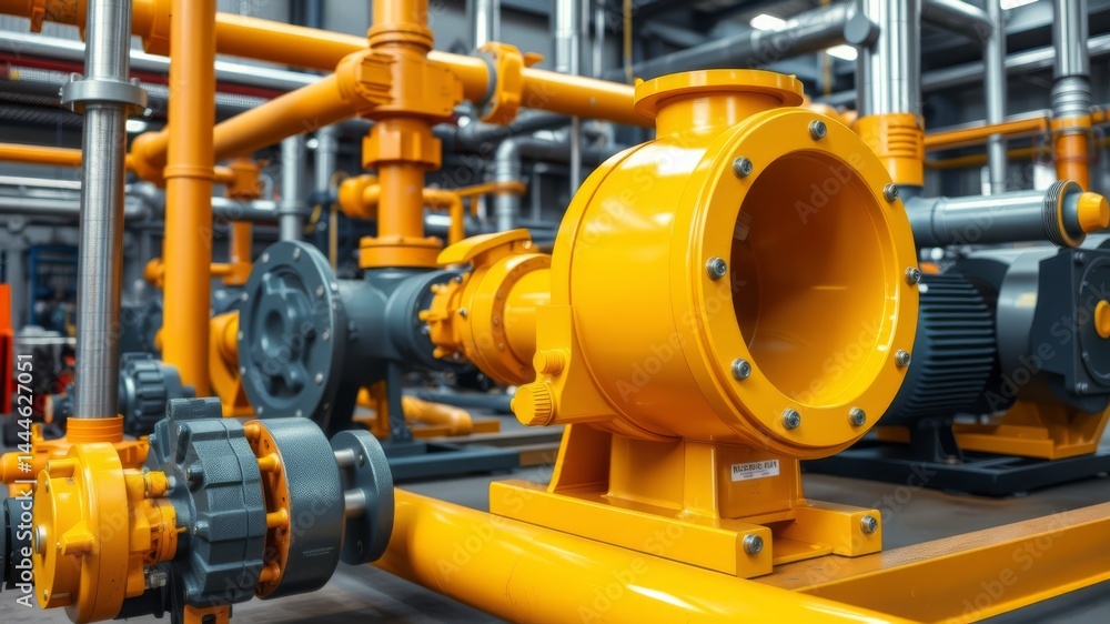 A close-up view of industrial yellow pumps and pipes within a modern factory setting showcasing intricate details of the machinery. A close-up view of industrial yellow pumps and pipes within a modern factory setting showcasing intricate details of the machinery.