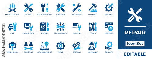 Flat vector icons featuring tools, repair, mechanic, maintenance, and service. Perfect for business, automotive, and technology-related applications.