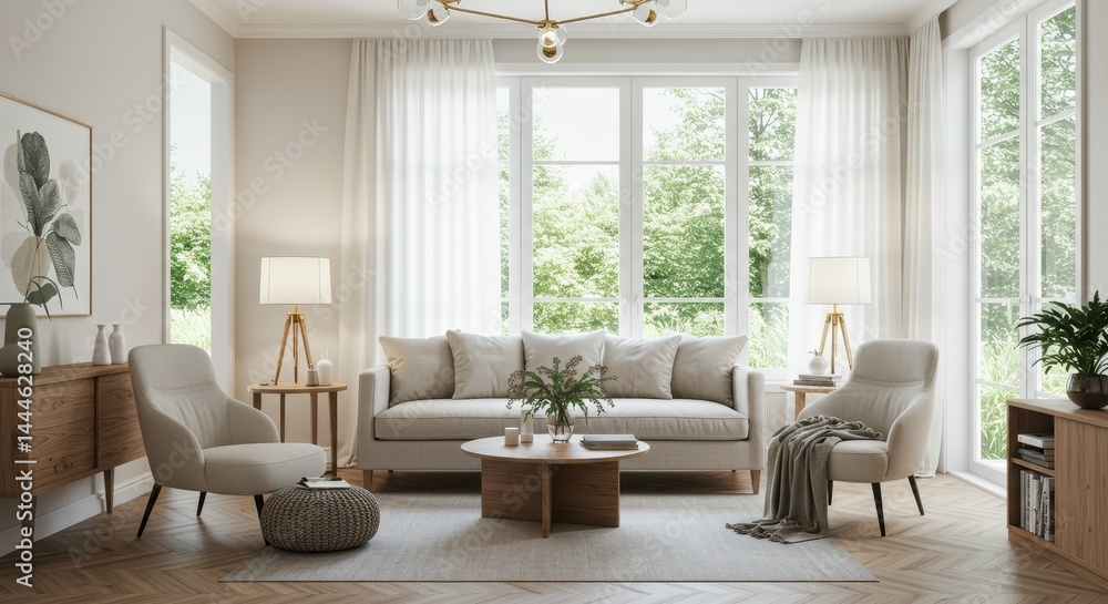Fototapeta premium A bright living room with a sofa, chairs, a coffee table, and large windows with sheer white curtains