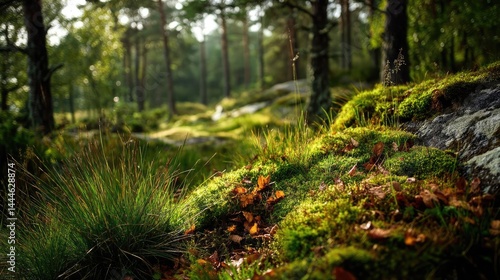 Green moss in forest with peaceful relax mood concept. Lush green forest with moss-covered rocks.