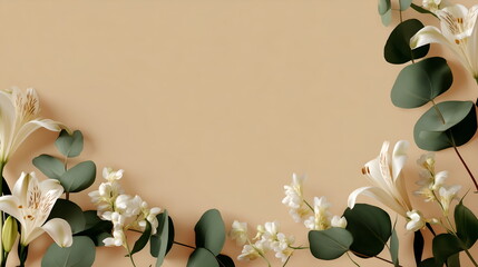 Minimalist floral border with eucalyptus and white lilies, layout with copy space  