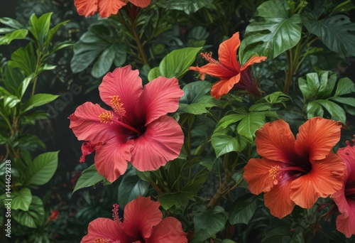 Wallpaper Mural Vibrant hibiscus blooms, lush tropical foliage ,  summer,  floral Torontodigital.ca