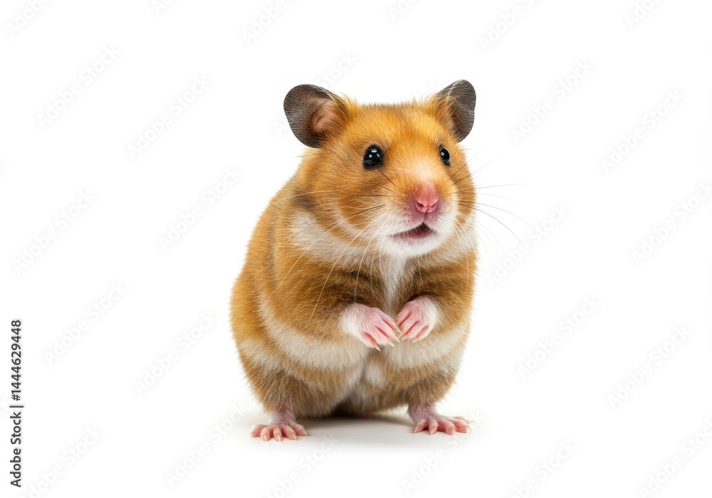 A golden hamster standing on a white background looking straight ahead with its paws held in front A golden hamster standing on a white background looking straight ahead with its paws held in front