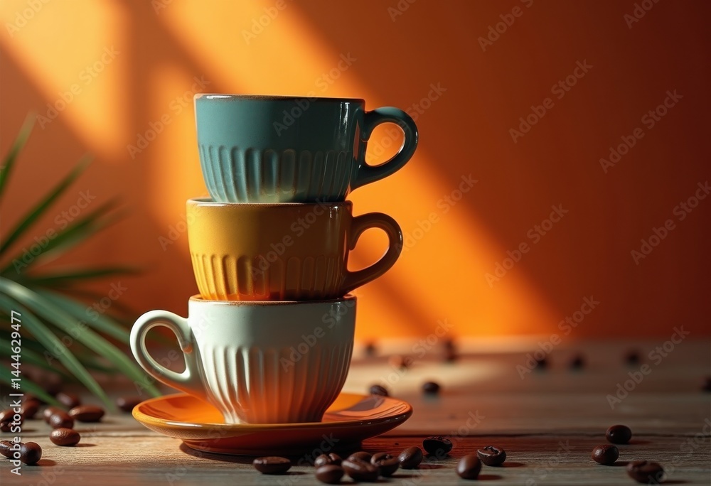 artful stacked coffee cups dynamic composition playful shadows contrasting light warm tones creative still life, ceramic, gradient, minimalistic, texture