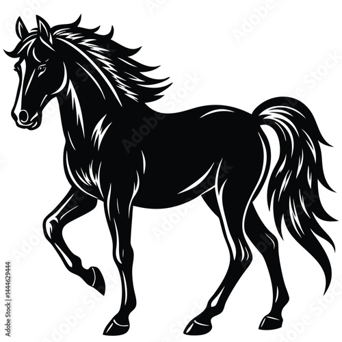 Elegant Black Stallion Silhouette, Horse Trotting, Isolated on White Background, Mane Flowing