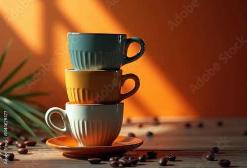 artful stacked coffee cups dynamic composition playful shadows contrasting light warm tones creative still life, ceramic, gradient, minimalistic, texture