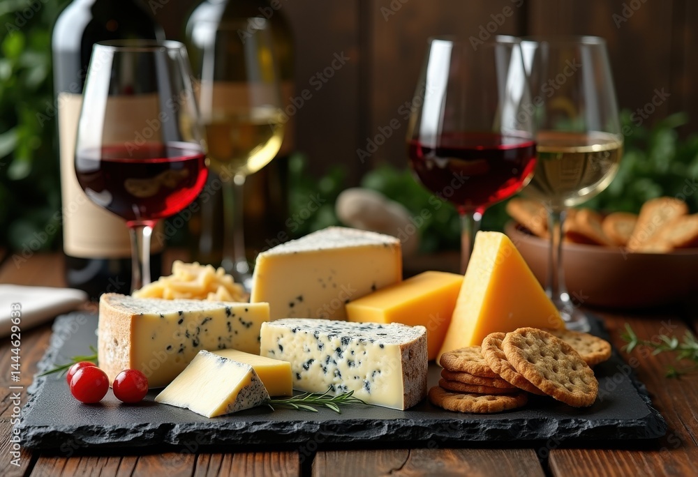 artfully arranged cheese wine display slate board gourmet tasting experience, platter, snack, appetizer, charcuterie, crackers, selections, grapes, nuts