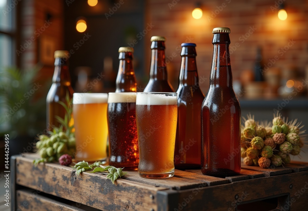 artfully arranged craft beer bottles displayed rustic wooden crate artisan aesthetic, brewery, discovering, seasonal, liquid, drink, alcohol, taste