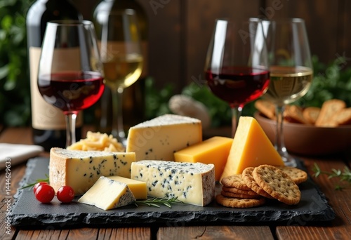 Obraz na płótnie artfully arranged cheese wine display slate board gourmet tasting experience, platter, snack, appetizer, charcuterie, crackers, selections, grapes, nuts w salonie