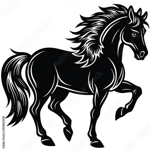Silhouette of Majestic Horse Trotting, Mane Flowing, Black and White Equine Art
