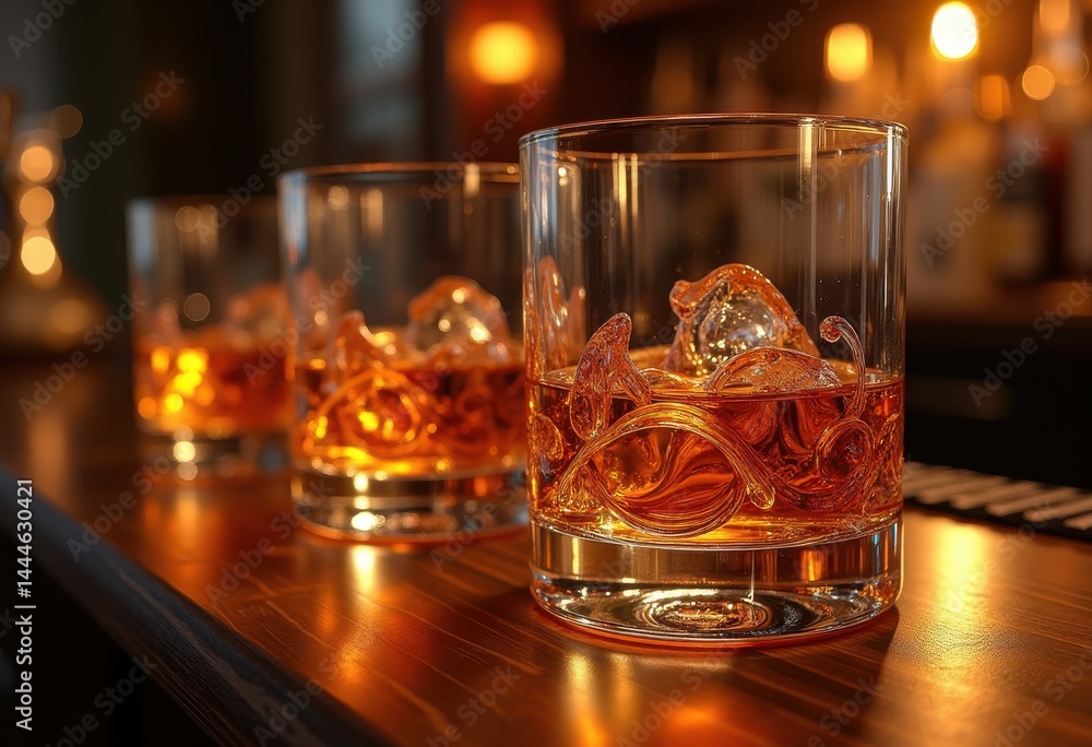artisan whiskey glasses craftsmanship swirling amber liquid rich color texture reflections bar ware elegance, cocktail, drink, artisanal, bottle, beverage