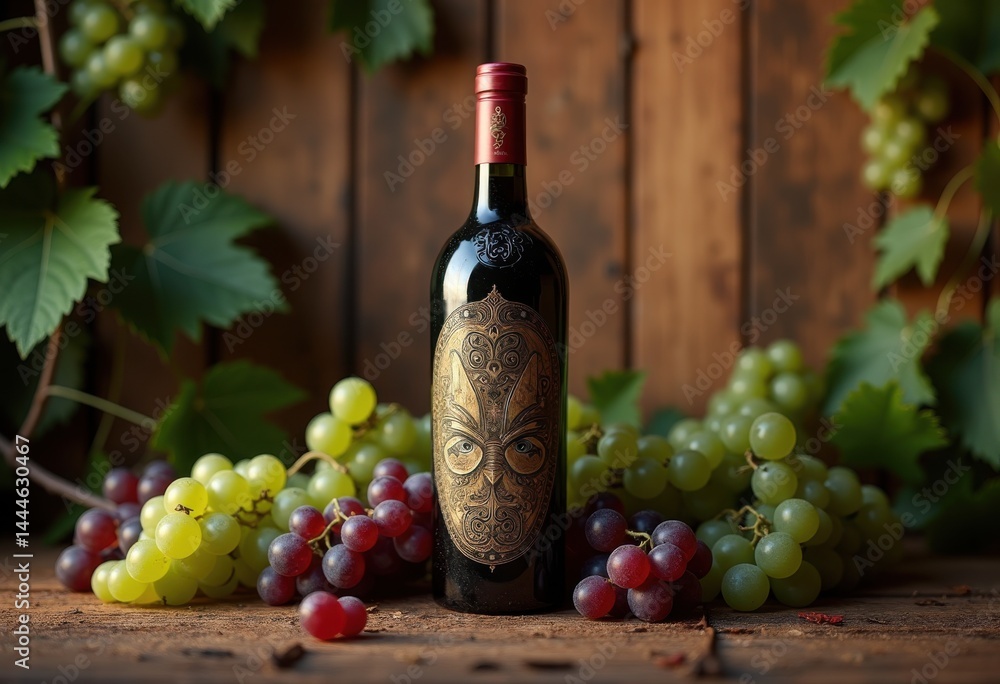 artisan wine bottle rustic wood background vineyard terroir craftsmanship natural elements aging, oak, texture, grain, barrel, label, aesthetic, handcrafted