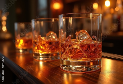 Obraz na płótnie artisan whiskey glasses craftsmanship swirling amber liquid rich color texture reflections bar ware elegance, cocktail, drink, artisanal, bottle, beverage w salonie