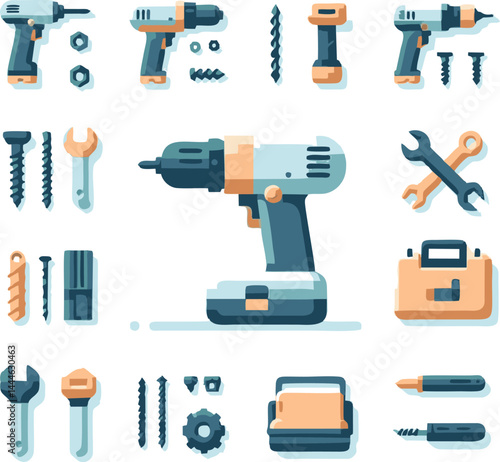 Cordless Drill and Hand Tools Icon Set: Flat Design