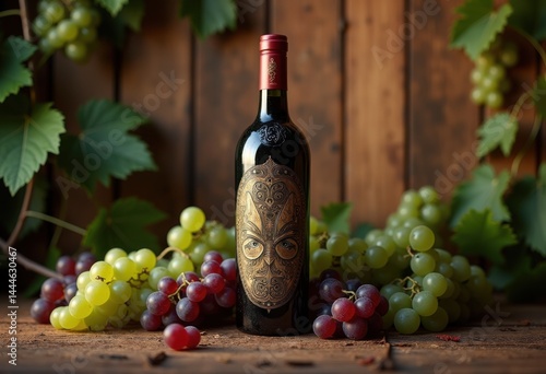 artisan wine bottle rustic wood background vineyard terroir craftsmanship natural elements aging, oak, texture, grain, barrel, label, aesthetic, handcrafted