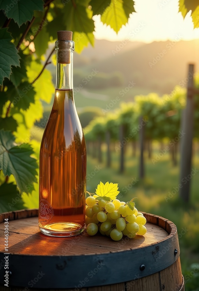 artisanal wine bottle surrounded lush vineyard backdrop rustic nature imagery harvest grapes bottled wine bottle, cellar, landscape, barrel, red, white
