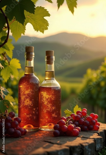 Obraz na płótnie artisanal wine bottles vineyards lush green grapevines rustic glass bottle texture grape harvest vineyard landscape, vintage, wineglass, grapes, estate w salonie