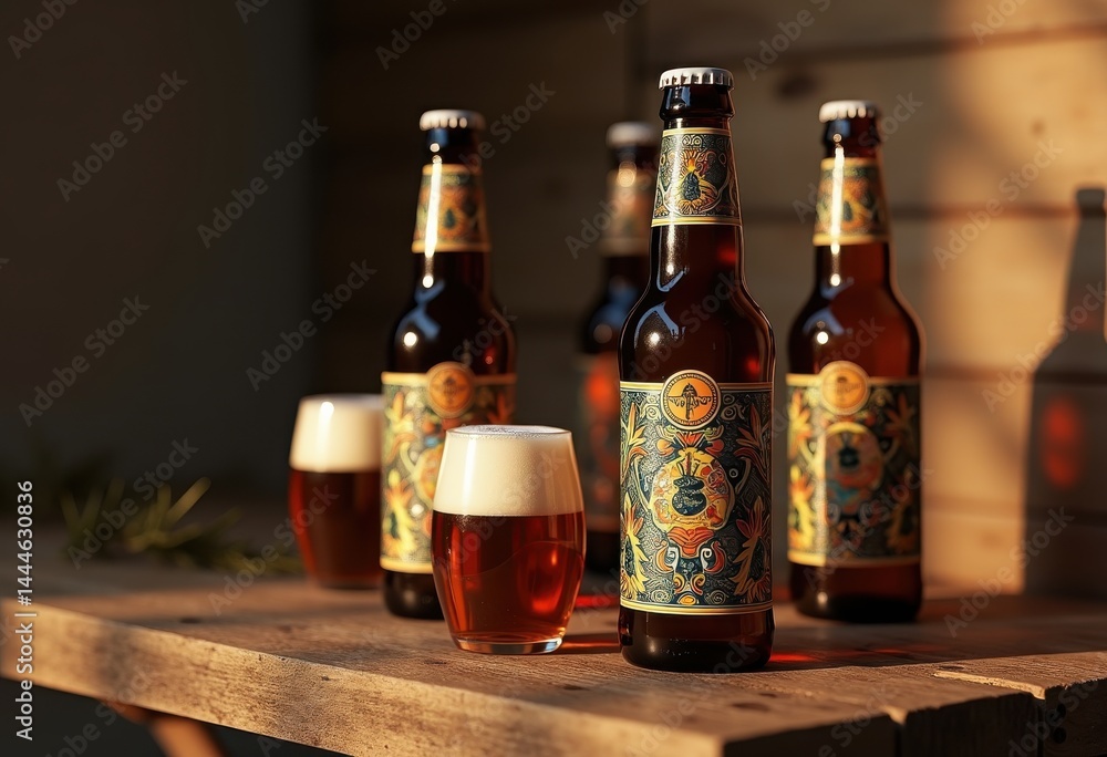 artistic craft beer bottles colorful labels displayed rustic wood table top, rainbow, lgbtq, lgbt, pride, love, equality, brewery, beverage, container