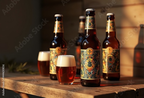 Obraz na płótnie artistic craft beer bottles colorful labels displayed rustic wood table top, rainbow, lgbtq, lgbt, pride, love, equality, brewery, beverage, container w salonie