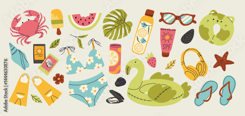 Set of summer stickers. Icons for tropical vacation. Seasonal elements collection. Flamingos, ice cream, swimsuit, tropic leaves, cocktails, plumeria, watermelon, beach accessories.
