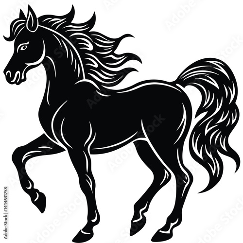 Elegant Black Horse Head with Flowing Mane on Clean White Backdrop