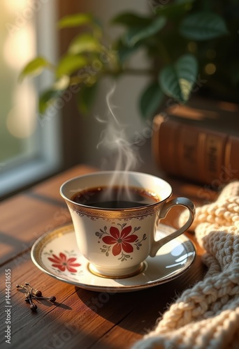 beautifully styled coffee cup rustic wooden surface capturing warmth comfort cozy setting, table, porcelain, ceramic, beverage, espresso, latte, art