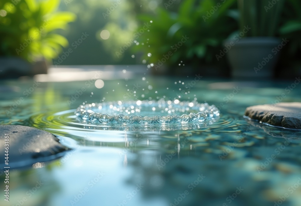 Fototapeta premium crystal clear glass water reflection purity stone table surface natural light droplets, clarity, liquid, texture, aquatic, nature, design, freshness