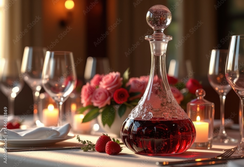 bold red wine elegant glass decanter refined classic taste luxurious event celebration dining setting, bottle, grape, liquid, drink, table, interior