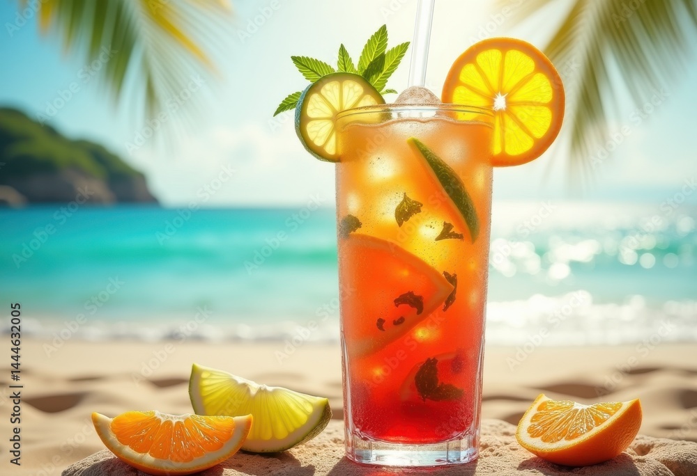 bright tropical drink colorful fruit garnish refreshing beverage straw citrus delight summer vibe, orange, lemon, lime, pomegranate, party, refreshment, slice