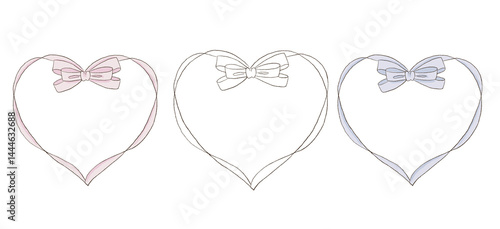 Simple frames with bow and ribbons. Hand drawn pink, blue coquette borders for wedding invitation, Valentine's day. Whimsical frames for birthday card, menu design and holiday graphic decoration.