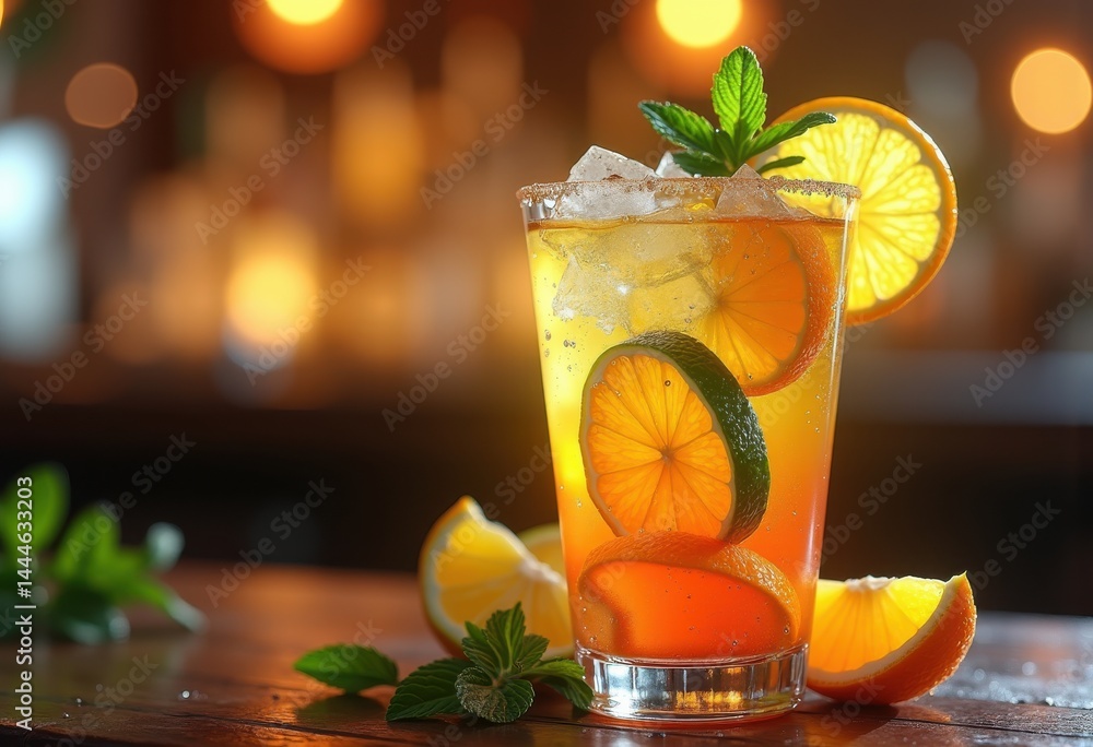 chilled cocktail citrus garnish refreshing drink bright colors vibrant presentation crisp thirst quenching beverage, ice, liquid, tropical, liqueur, bar, refreshment