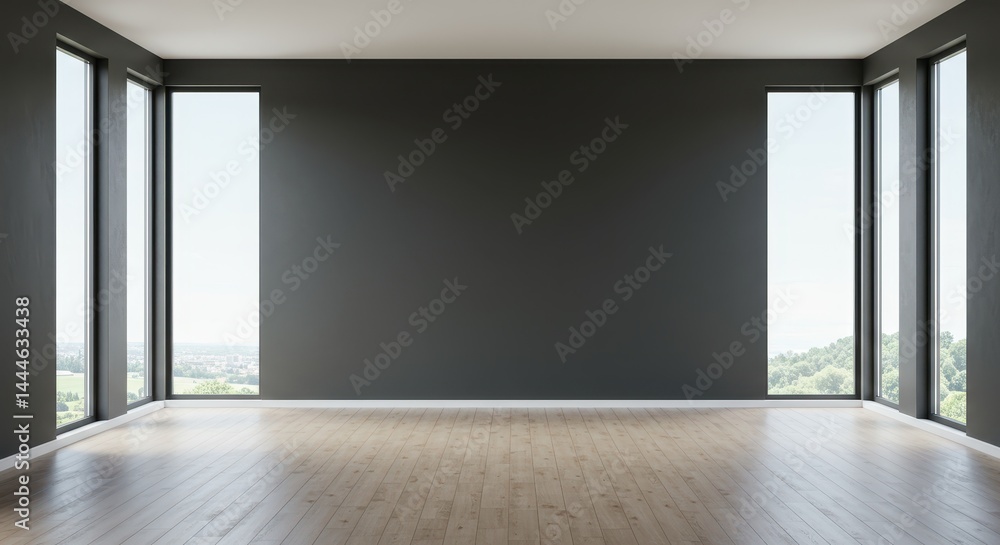 Fototapeta premium A spacious room with dark gray walls and light wood floors featuring large windows on either side of the room