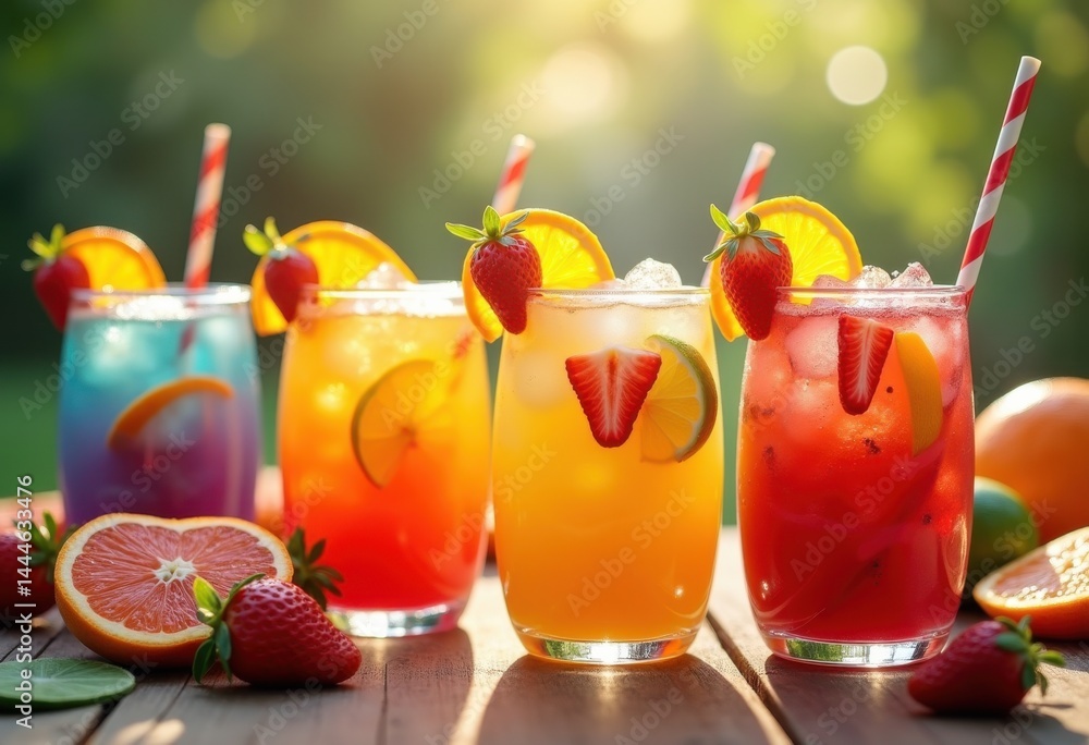chilled colorful cocktail drinks garnished fresh fruit slices vivid presentation beverage table arrangement, refreshment, glass, liquid, lemon, orange, berry