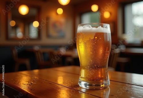 chilled frosty beer glass condensation wooden pub table refreshing beverage relaxation atmosphere, liquid, sudsy, alcohol, light, amber, cold, bar, texture