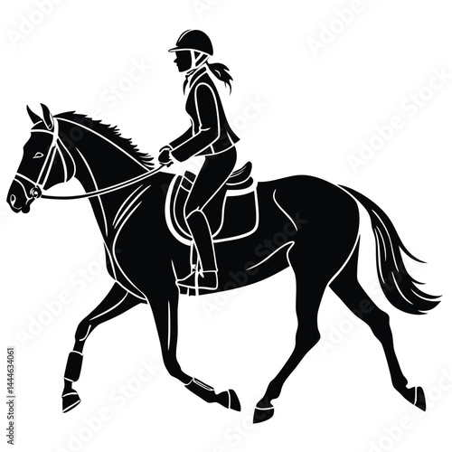 Equestrian Black Silhouette Woman Riding Horse, Side View, Trotting, Isolated, Plain Background