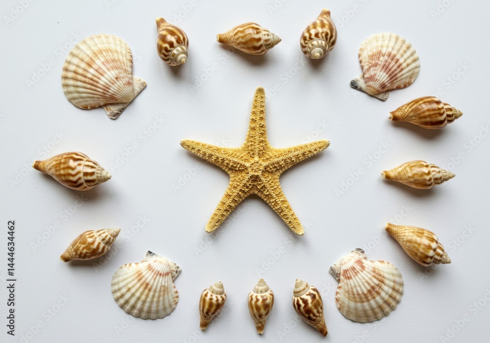 Starfish centered with assorted seashells arranged in a circle on a white surface top down view Starfish centered with assorted seashells arranged in a circle on a white surface top down view