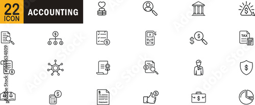 Accounting editable outline icon set. Finance, audit, tax, calculator, compliance and more.