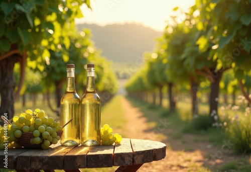 chilled white wine bottles refreshing vineyard scene bountiful grape vines lush greenery sunlit terrace tranquil summer ambiance, summertime, plantation photo
