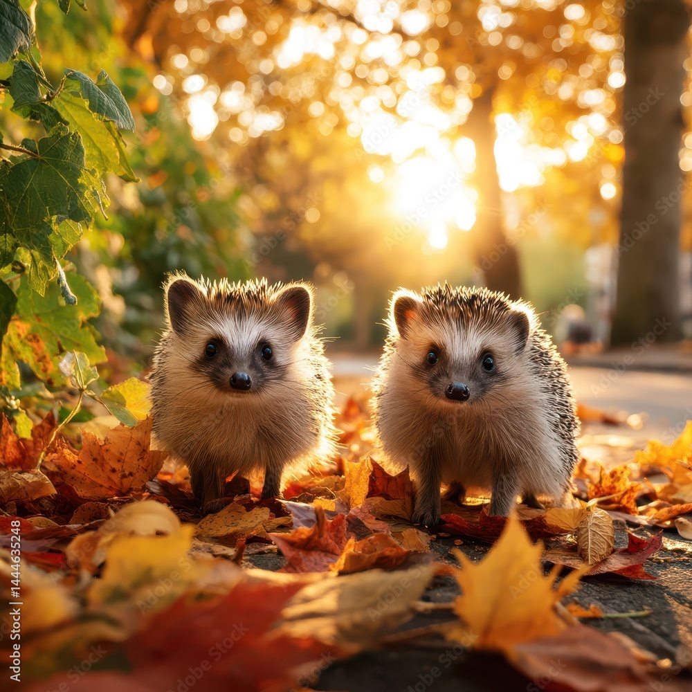Adorable animal group mountain concept. Two hedgehogs on a path surrounded by autumn leaves and warm sunlight. Adorable animal group mountain concept. Two hedgehogs on a path surrounded by autumn leaves and warm sunlight.