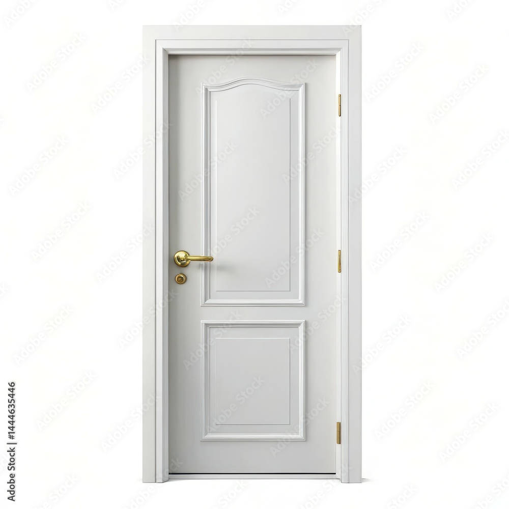 White Interior Door With Golden Handle And Hardware On White Background White Interior Door With Golden Handle And Hardware On White Background