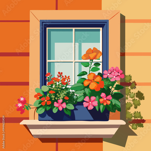 Colorful Flowers in Window Box on Brick Wall