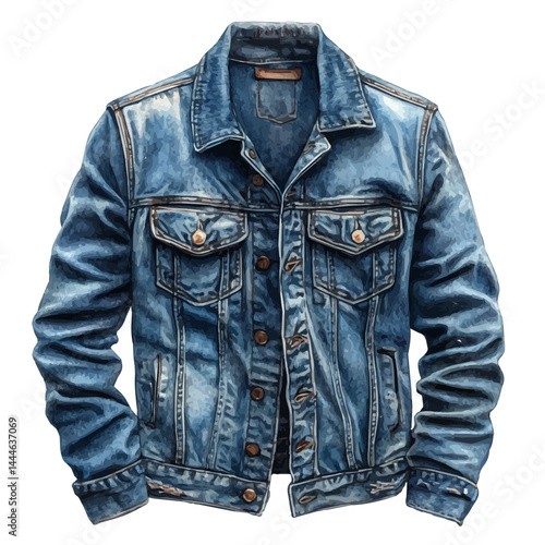 Denim Vest With A Distressed Look, watercolor vector, isolated on a white background.