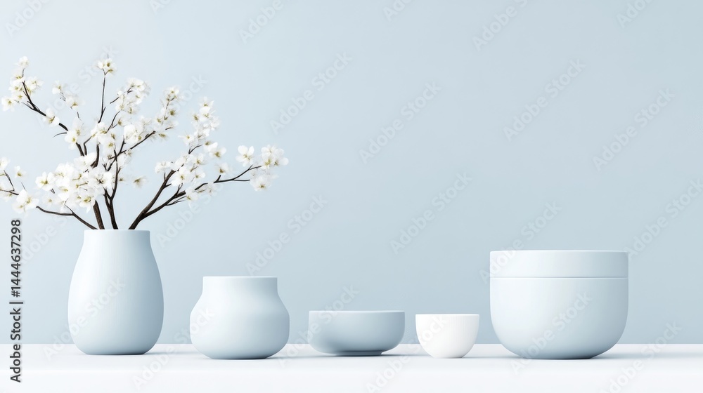 Delicate light blue ceramic vases and bowls with a minimalist aesthetic, featuring a sprig of white blossoms Delicate light blue ceramic vases and bowls with a minimalist aesthetic, featuring a sprig of white blossoms