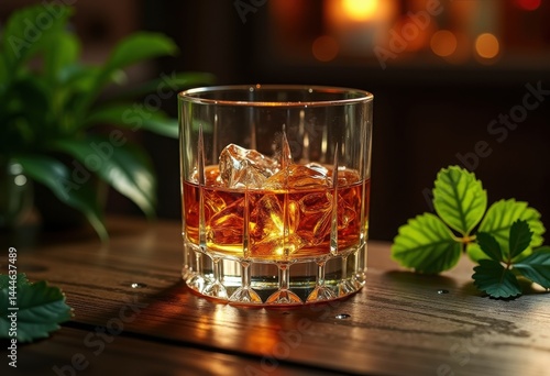 elegant whiskey glass ice light reflection crystal accent irish dramatic spirits libation barware aesthetic beverage toasting sophisticated design, drink, liquid