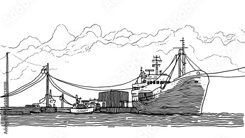 "Detailed vector illustration of a cargo ship docked at a port under picturesque clouds. Ideal for maritime themes, shipping industry, or transportation designs."