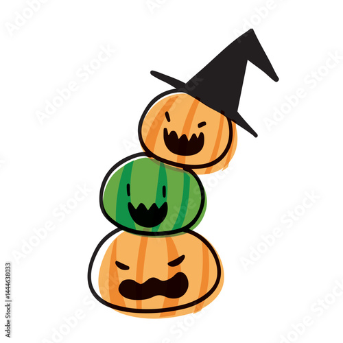 ハロウィンのジャックオランタンが三つ重なっている手描きの可愛い素材イラスト