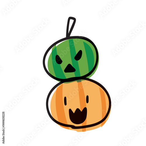 ハロウィンのジャックオランタンが二つ重なっている手描きの可愛い素材イラスト