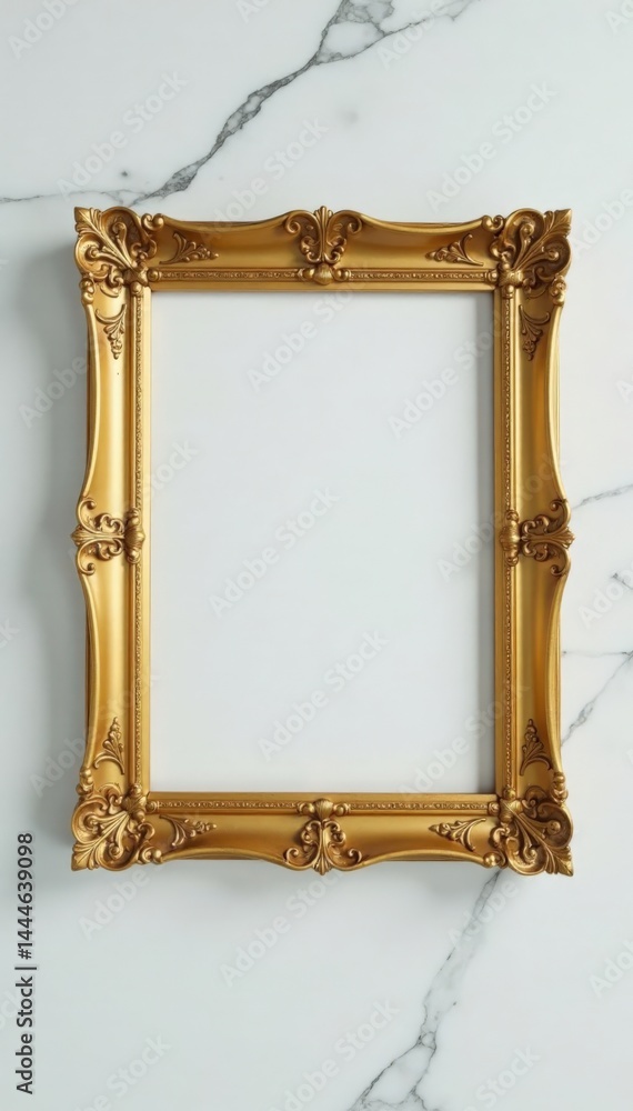 A golden picture frame rests on a gleaming white marble surface, Classic, Chic, Modern A golden picture frame rests on a gleaming white marble surface, Classic, Chic, Modern